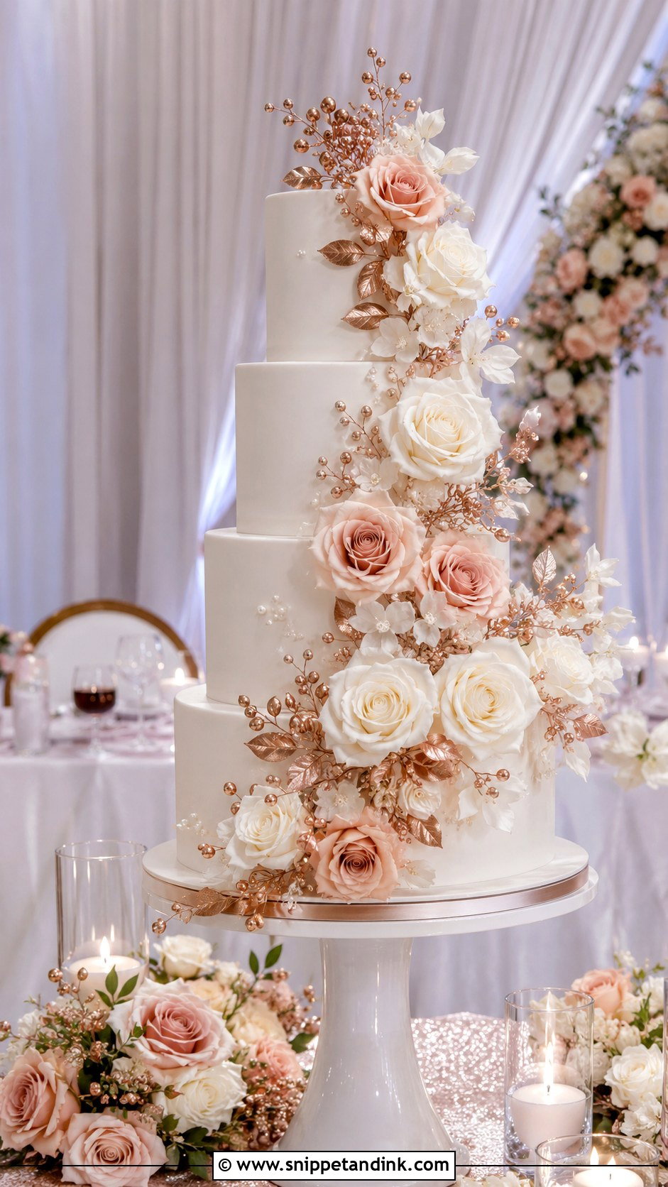 White And Rose Gold Floral Cascade Wedding Cake - Snippet and Ink - 20 White and Rose Gold Cake Ideas for Wedding