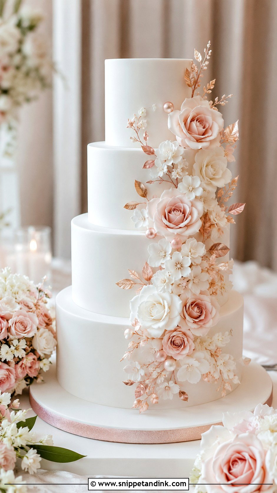 White And Rose Gold Floral Wedding Cake - Snippet and Ink - 20 White and Rose Gold Cake Ideas for Wedding