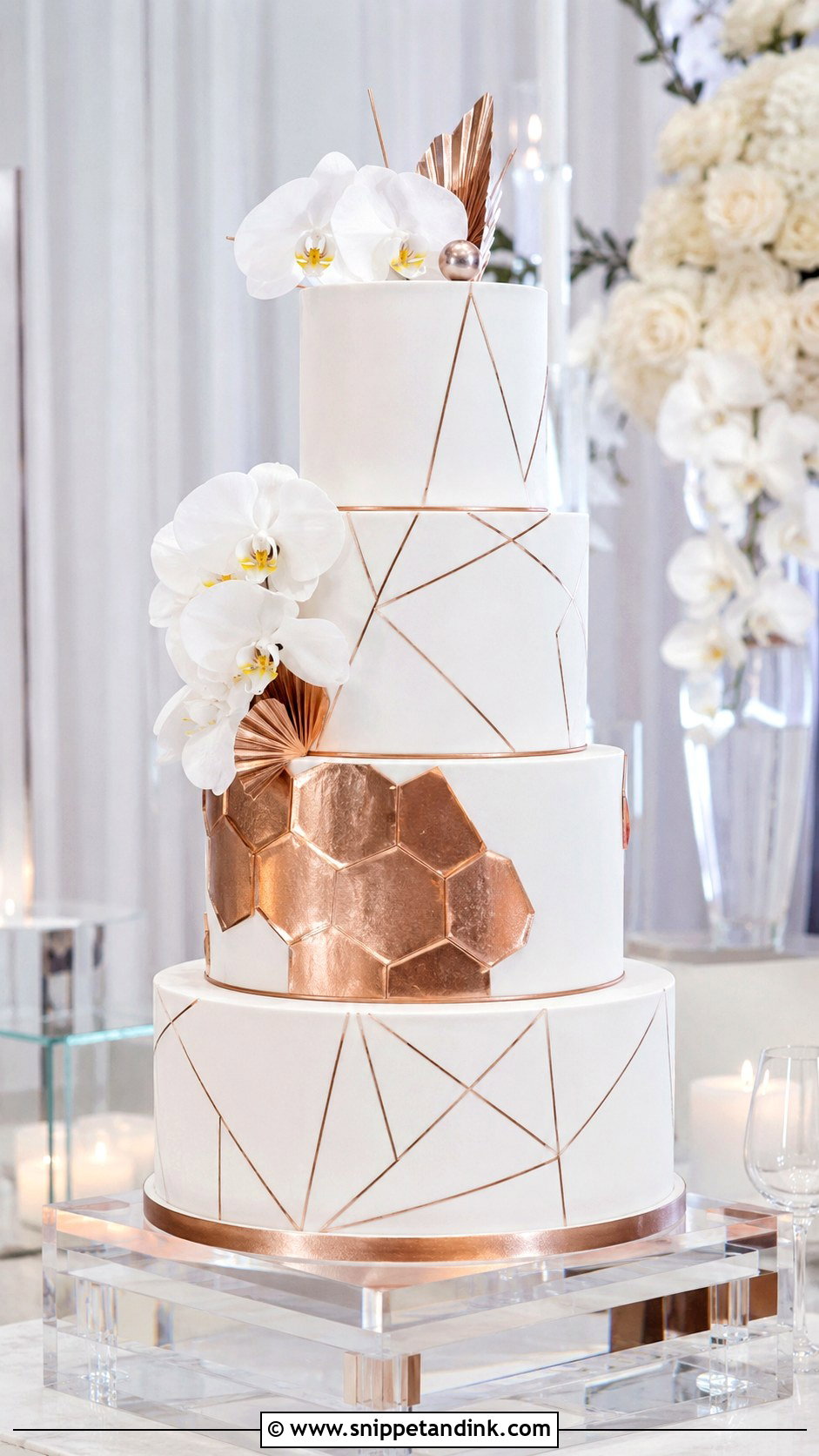 White And Rose Gold Geometric Wedding Cake - Snippet and Ink - 20 White and Rose Gold Cake Ideas for Wedding