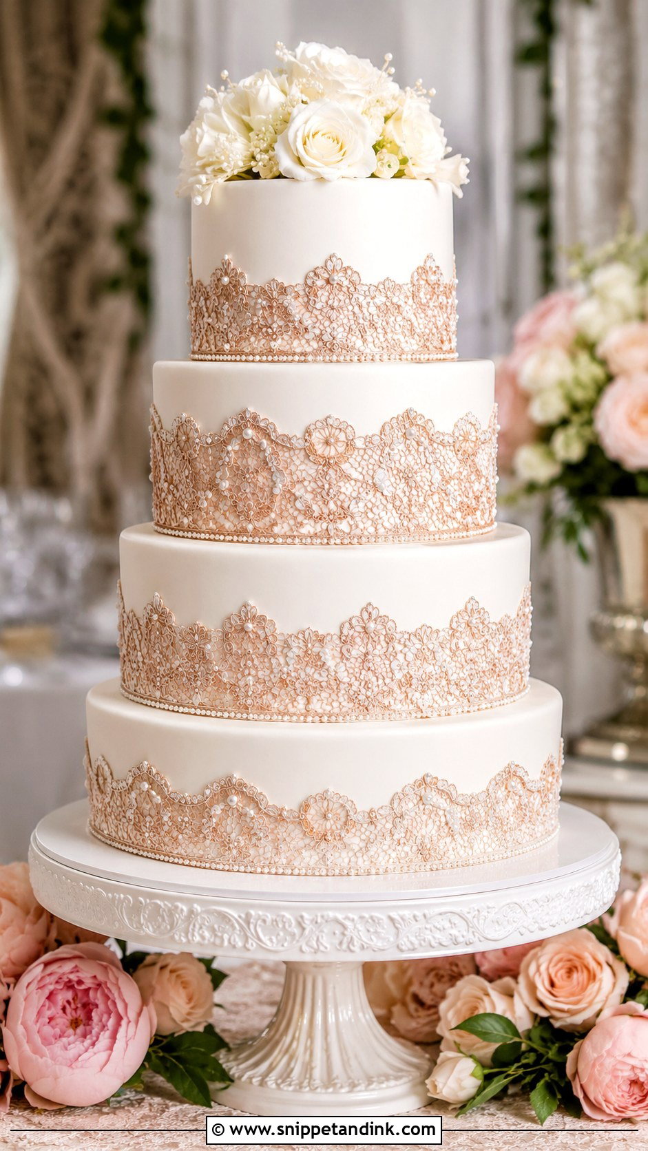 White And Rose Gold Lace Wedding Cake - Snippet and Ink - 20 White and Rose Gold Cake Ideas for Wedding