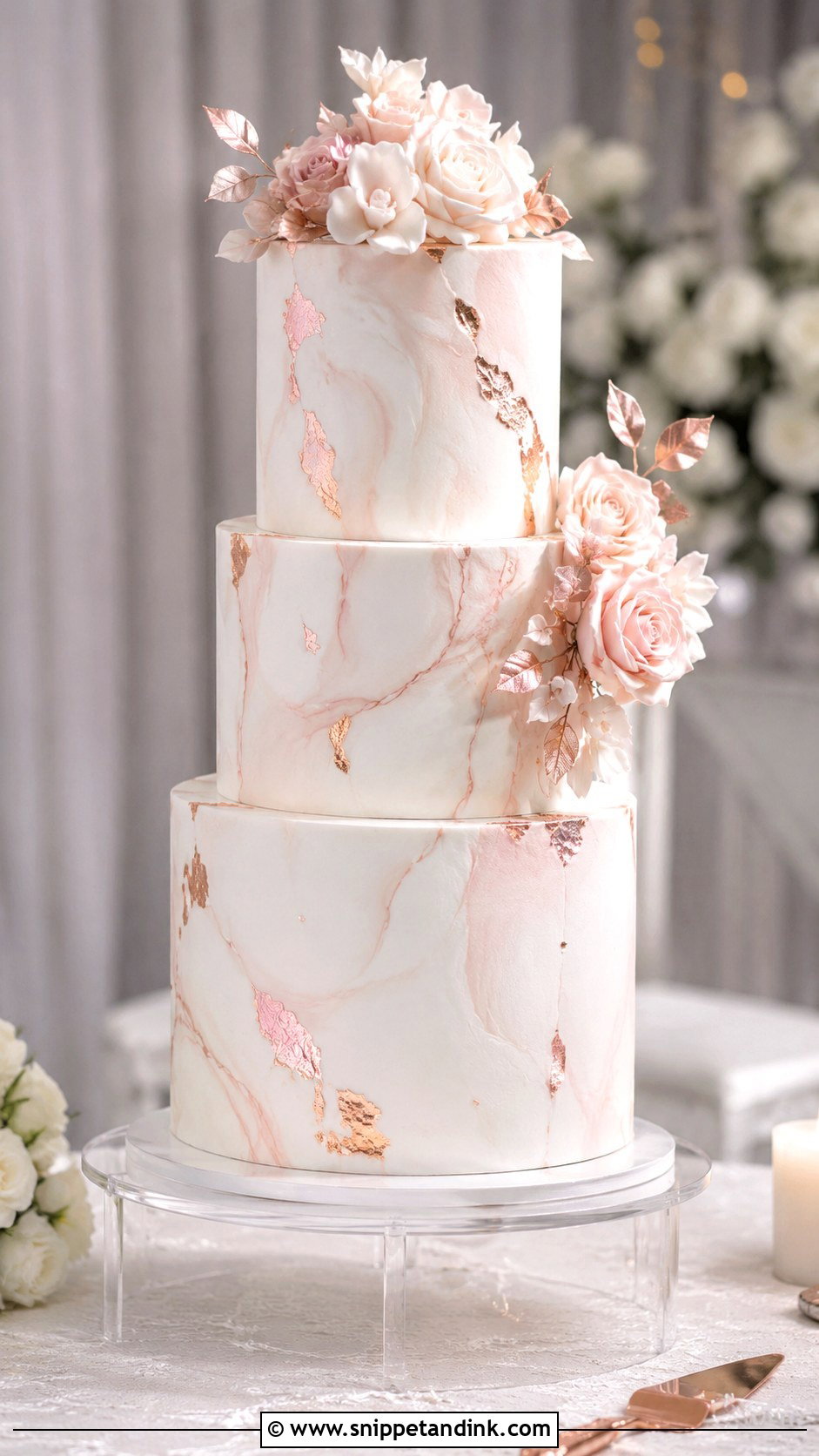 White And Rose Gold Marble Wedding Cake - Snippet and Ink - 20 White and Rose Gold Cake Ideas for Wedding