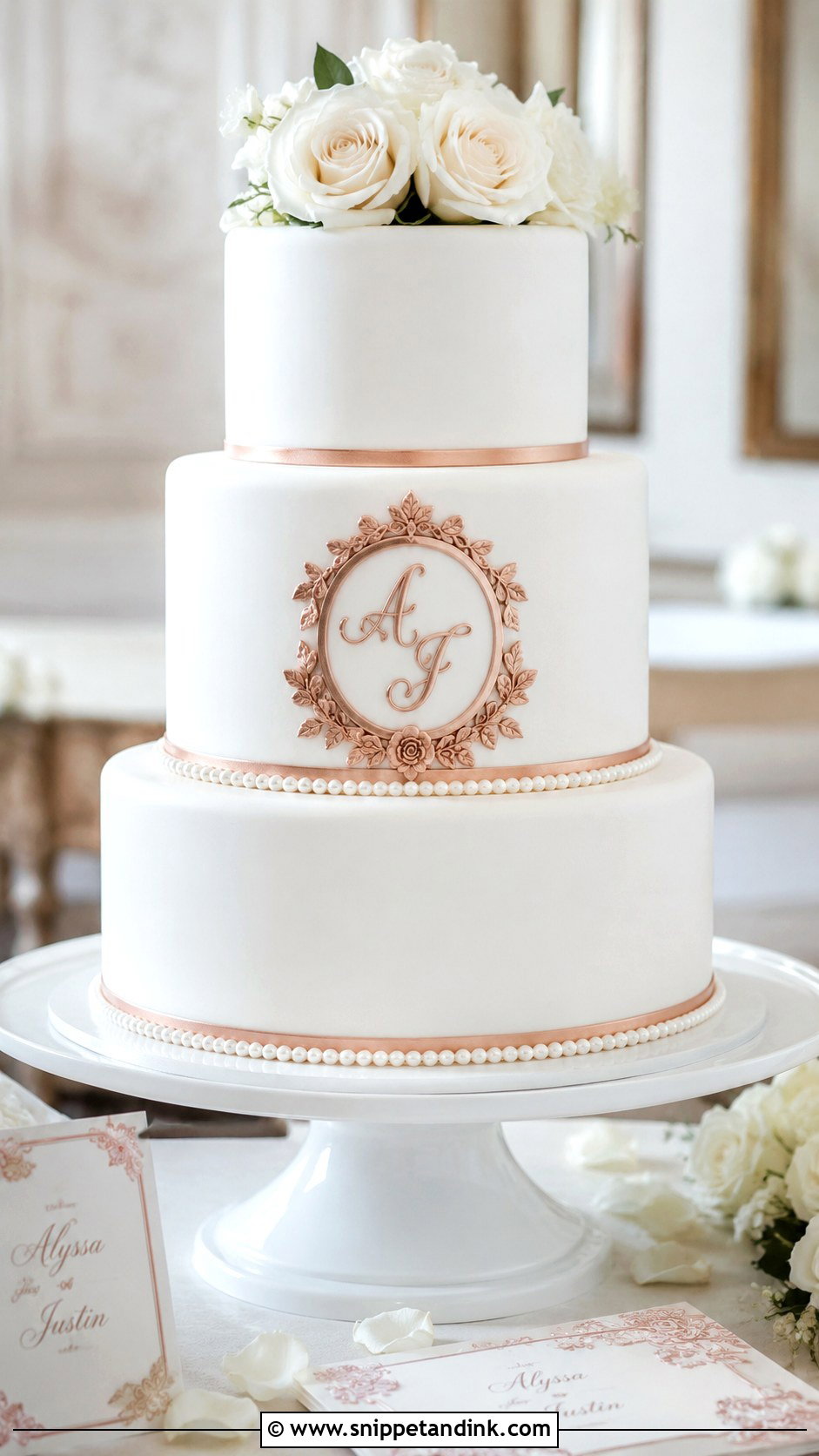 White And Rose Gold Monogram Wedding Cake - Snippet and Ink - 20 White and Rose Gold Cake Ideas for Wedding