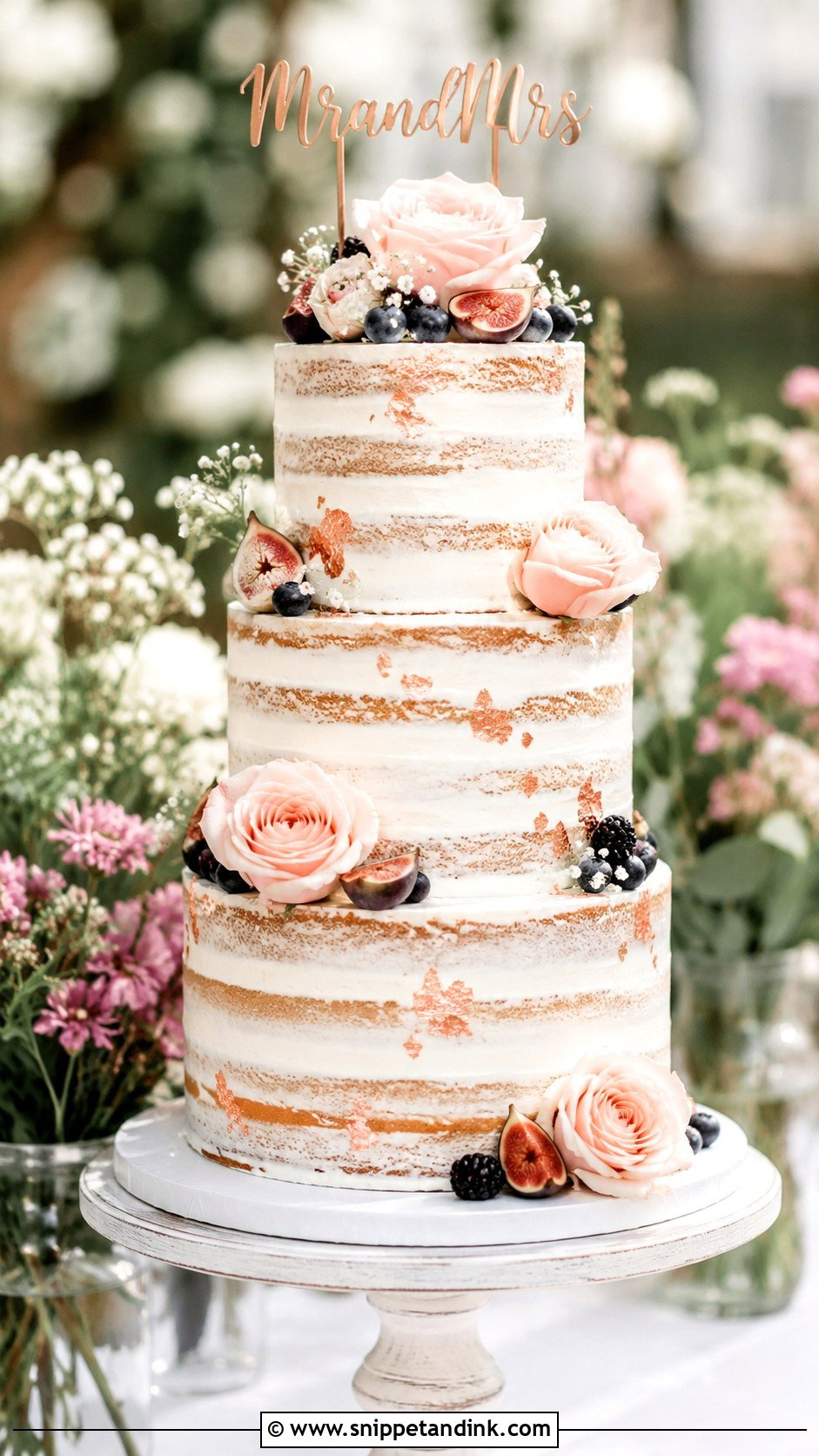 White And Rose Gold Naked Wedding Cake - Snippet and Ink - 20 White and Rose Gold Cake Ideas for Wedding