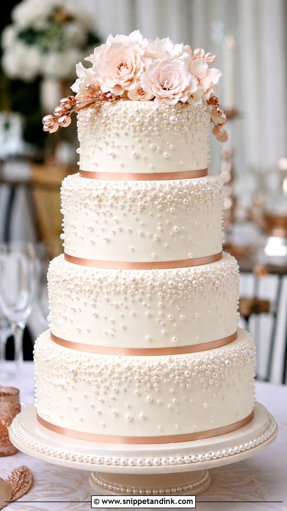 White And Rose Gold Pearl Wedding Cake - Snippet and Ink - 20 White and Rose Gold Cake Ideas for Wedding