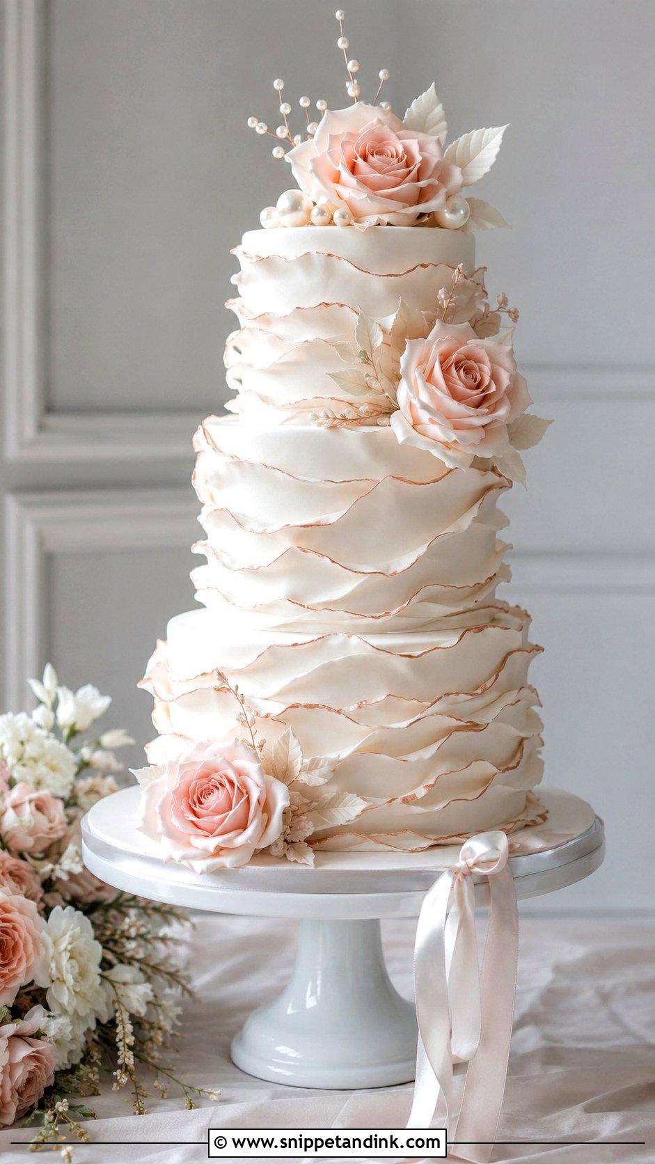 White And Rose Gold Ruffle Wedding Cake - Snippet and Ink - 20 White and Rose Gold Cake Ideas for Wedding