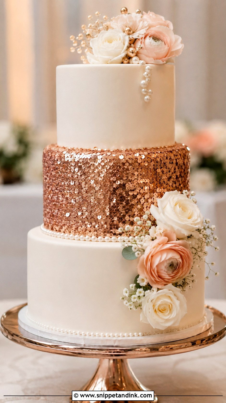 White And Rose Gold Sequin Wedding Cake - Snippet and Ink - 20 White and Rose Gold Cake Ideas for Wedding