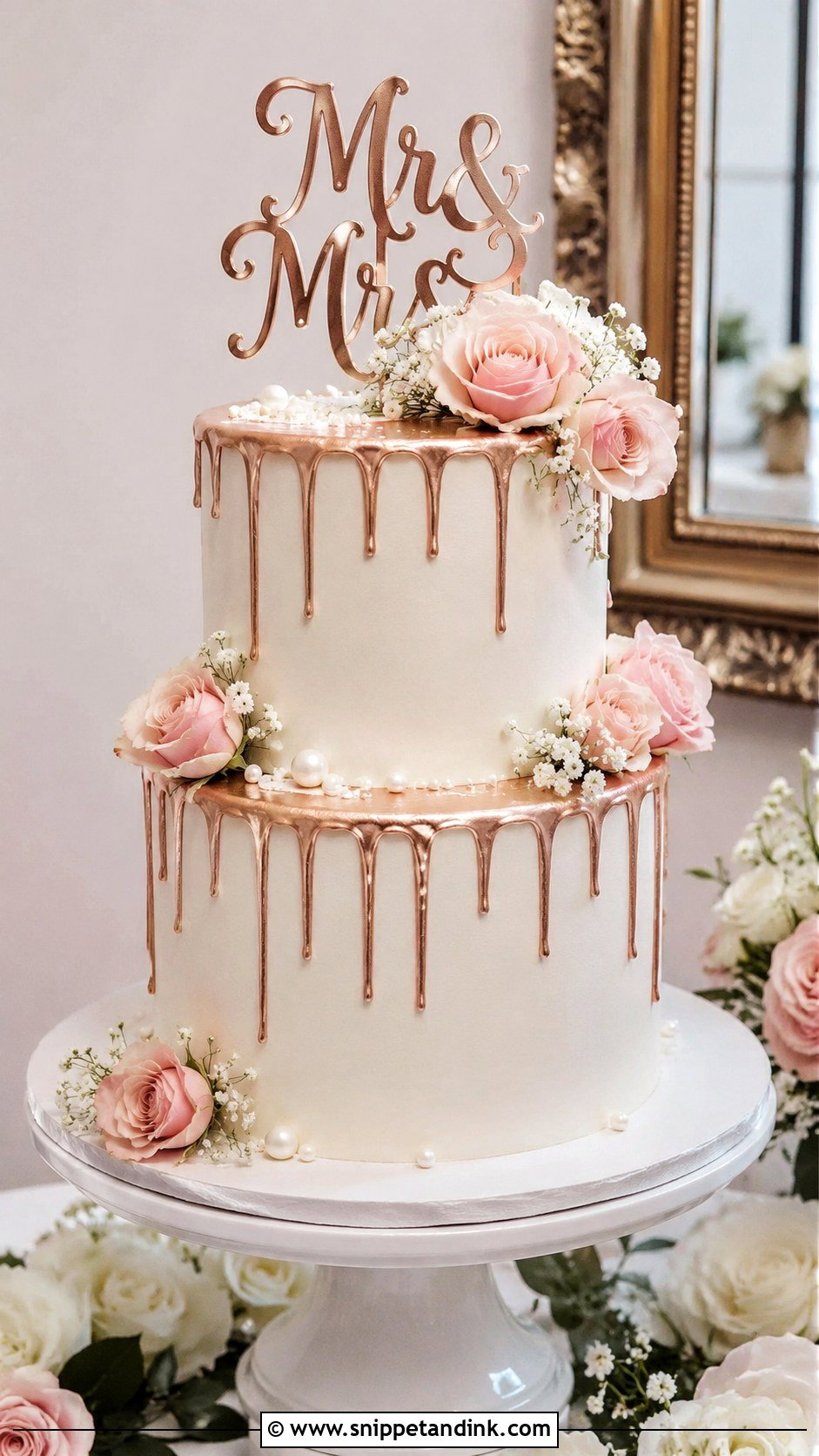 White And Rose Gold Small Wedding Cake - Snippet and Ink - 20 White and Rose Gold Cake Ideas for Wedding