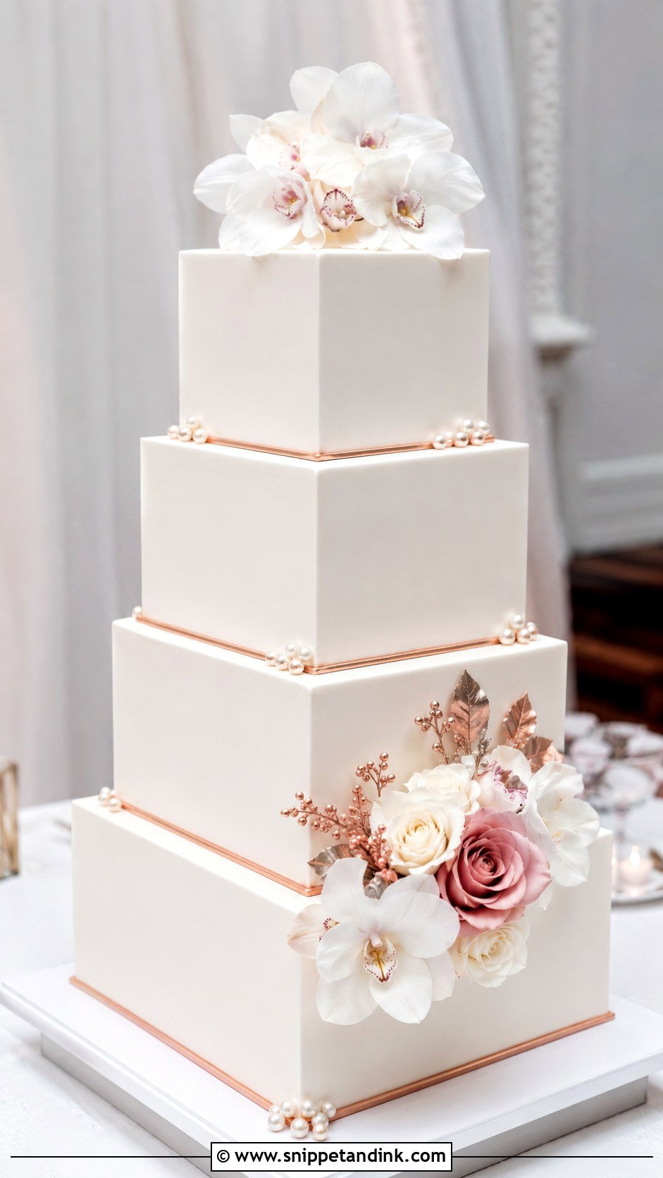White And Rose Gold Square Wedding Cake - Snippet and Ink - 20 White and Rose Gold Cake Ideas for Wedding
