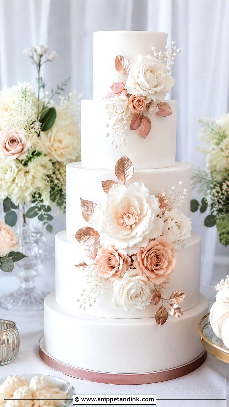 White And Rose Gold Sugar Flower Wedding Cake - Snippet and Ink - 20 White and Rose Gold Cake Ideas for Wedding
