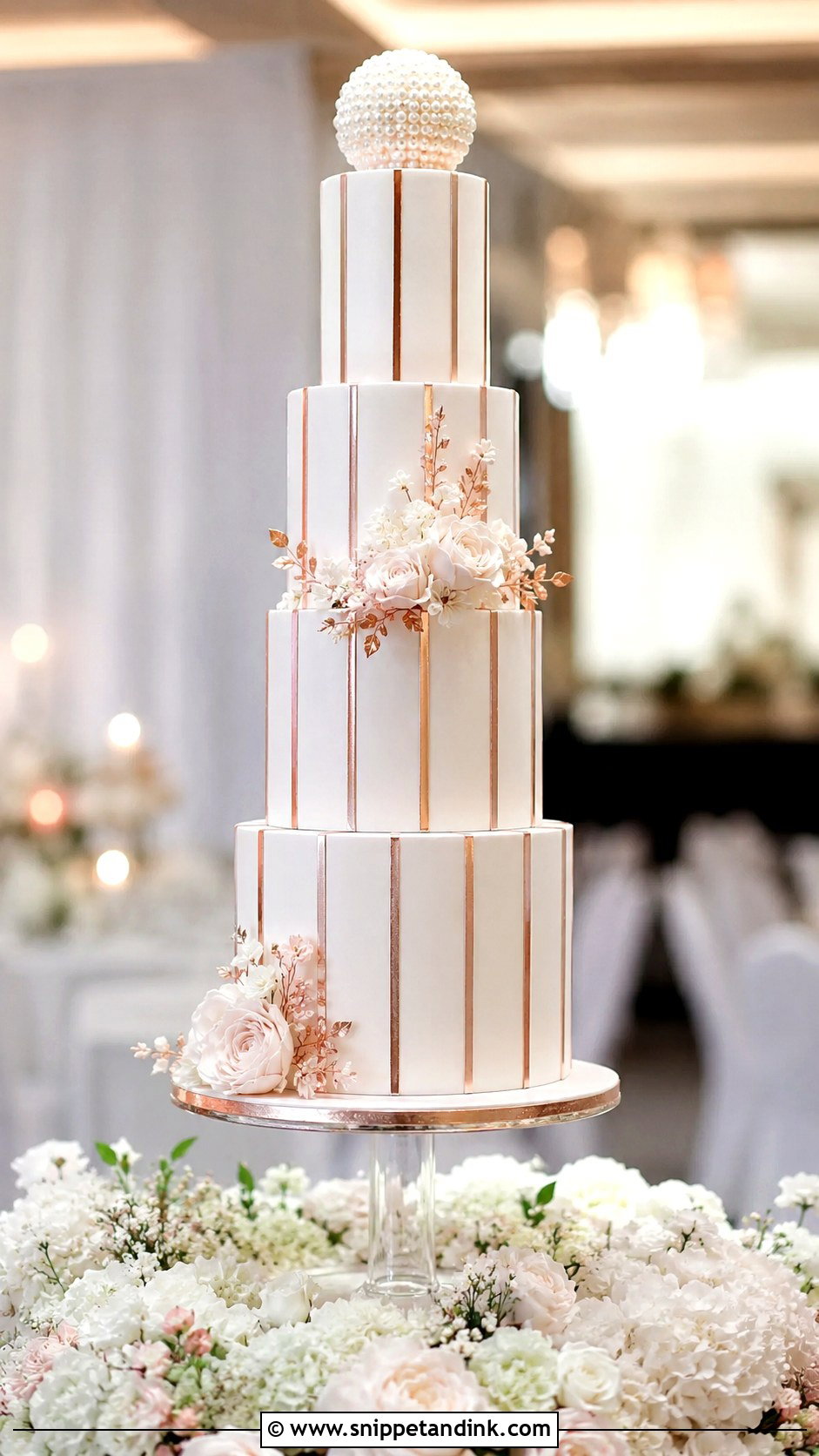 White And Rose Gold Tall Wedding Cake - Snippet and Ink - 20 White and Rose Gold Cake Ideas for Wedding