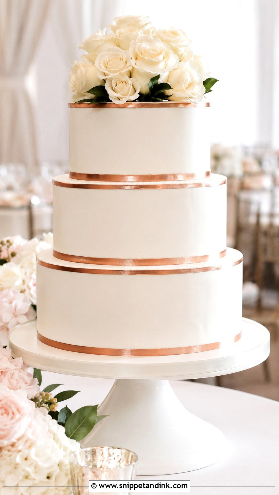 White And Rose Gold Tiered Wedding Cake - Snippet and Ink - 20 White and Rose Gold Cake Ideas for Wedding