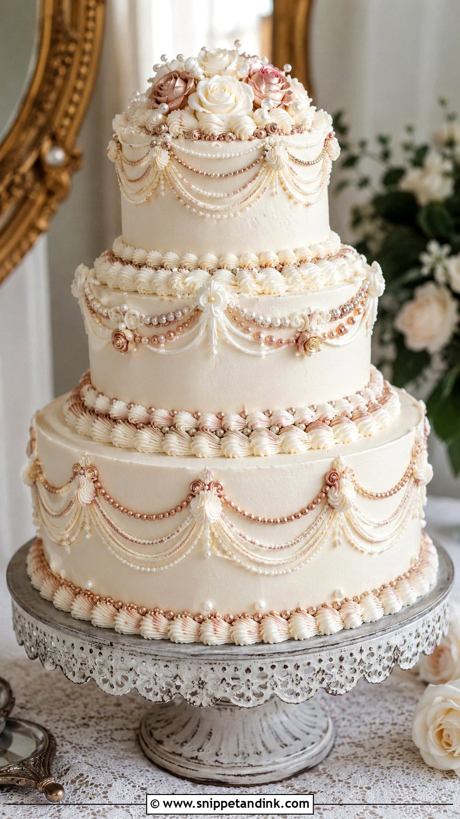 White And Rose Gold Vintage Wedding Cake - Snippet and Ink - 20 White and Rose Gold Cake Ideas for Wedding