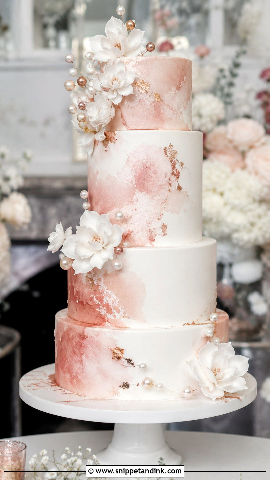 White And Rose Gold Watercolor Wedding Cake - Snippet and Ink - 20 White and Rose Gold Cake Ideas for Wedding