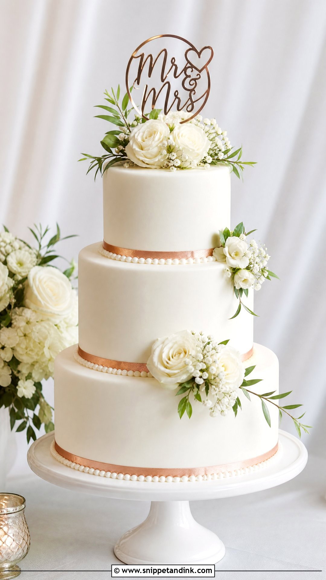 White And Rose Gold Wedding Cake - Snippet and Ink - 30 Rose Gold Cake Ideas for Wedding