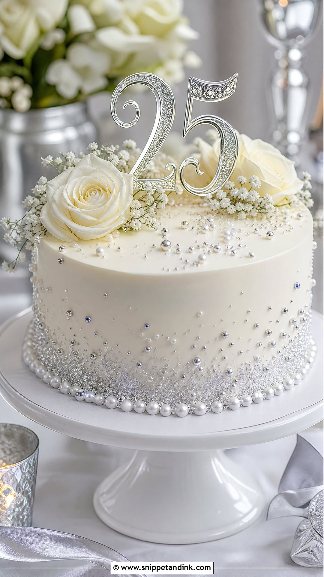 White And Silver 25th Anniversary Cake - Snippet and Ink - 25 25th Anniversary Cake Ideas