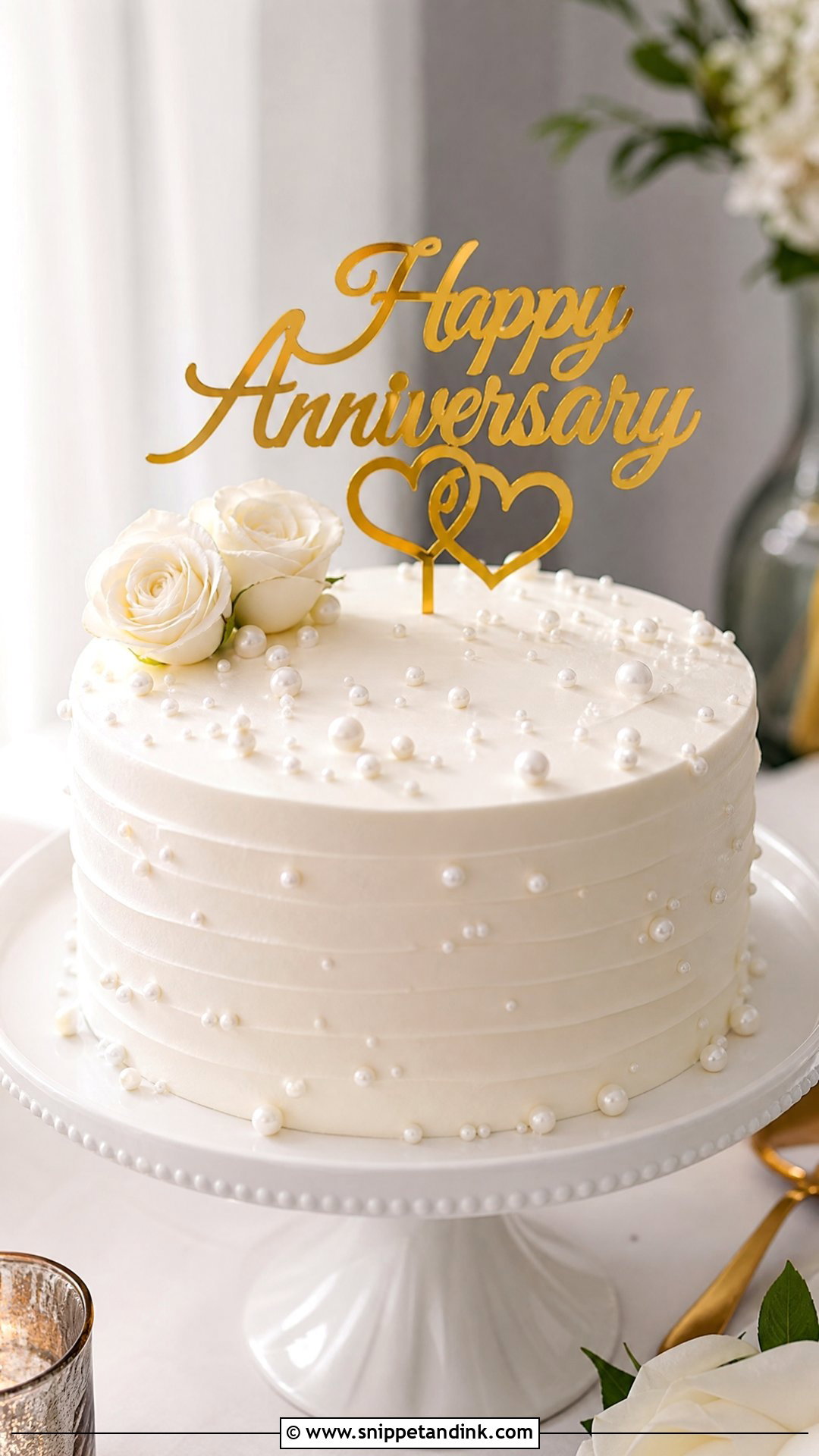 White Anniversary Cake With Gold Topper - Snippet and Ink - 30 Marriage Anniversary Cake Design Ideas