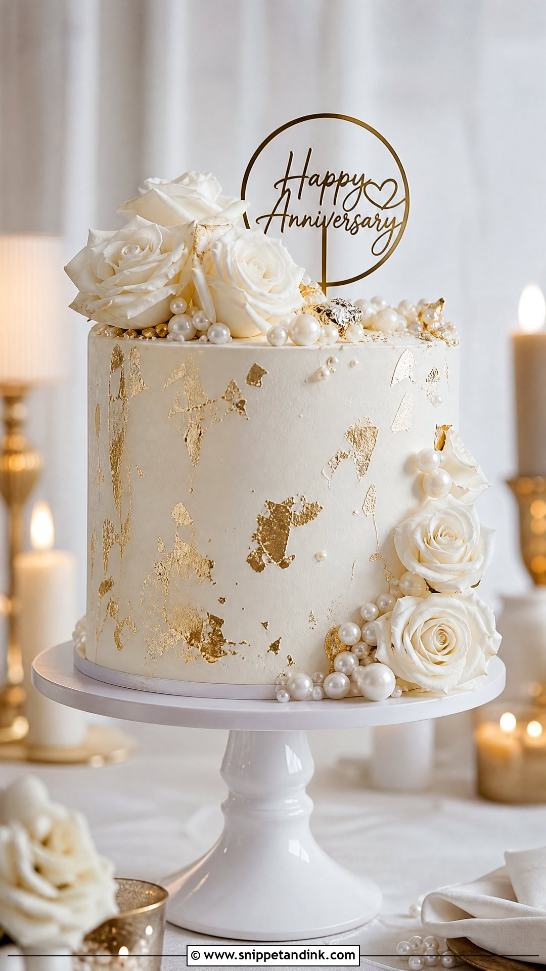 White Anniversary Cake With Gold - Snippet and Ink - 30 Anniversary Cake Aesthetic Ideas