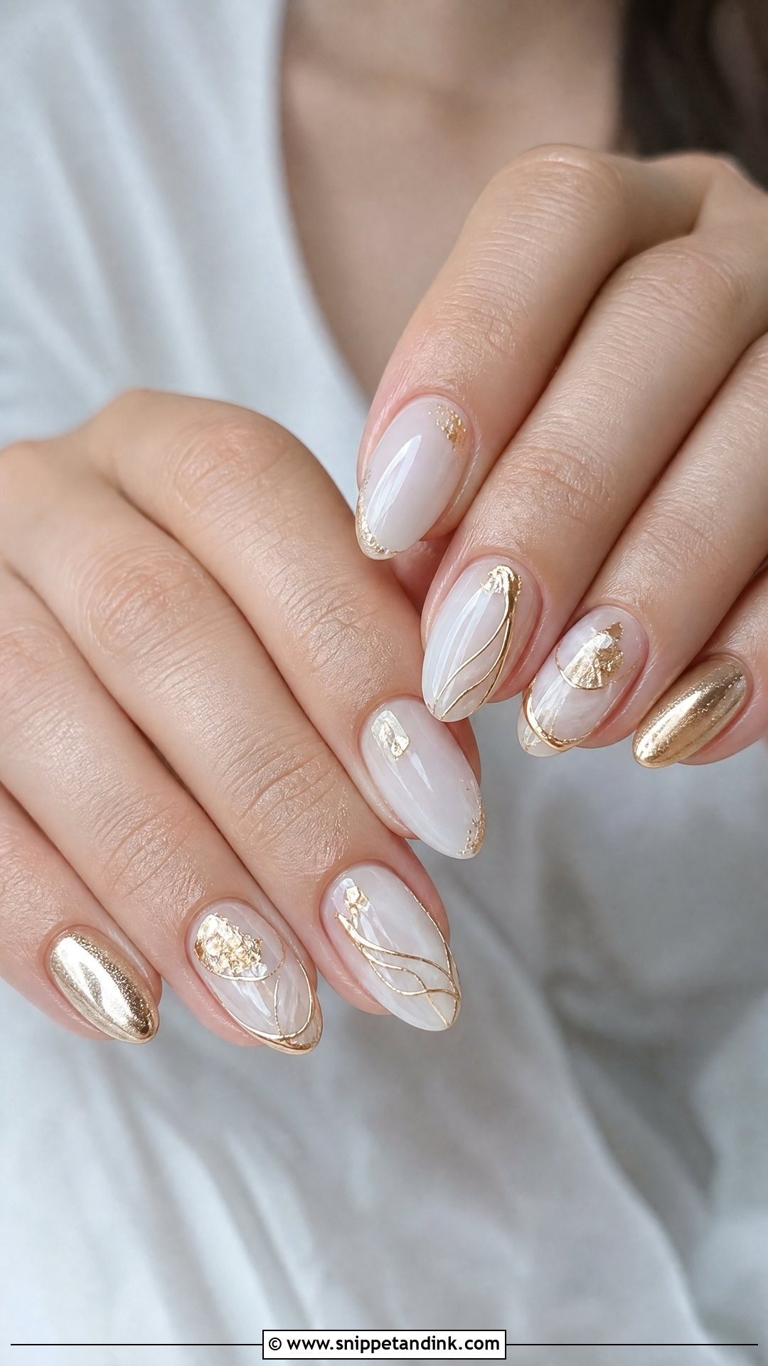 White Bridal Nails With Gold - Snippet and Ink - 25 White Bridal Nails