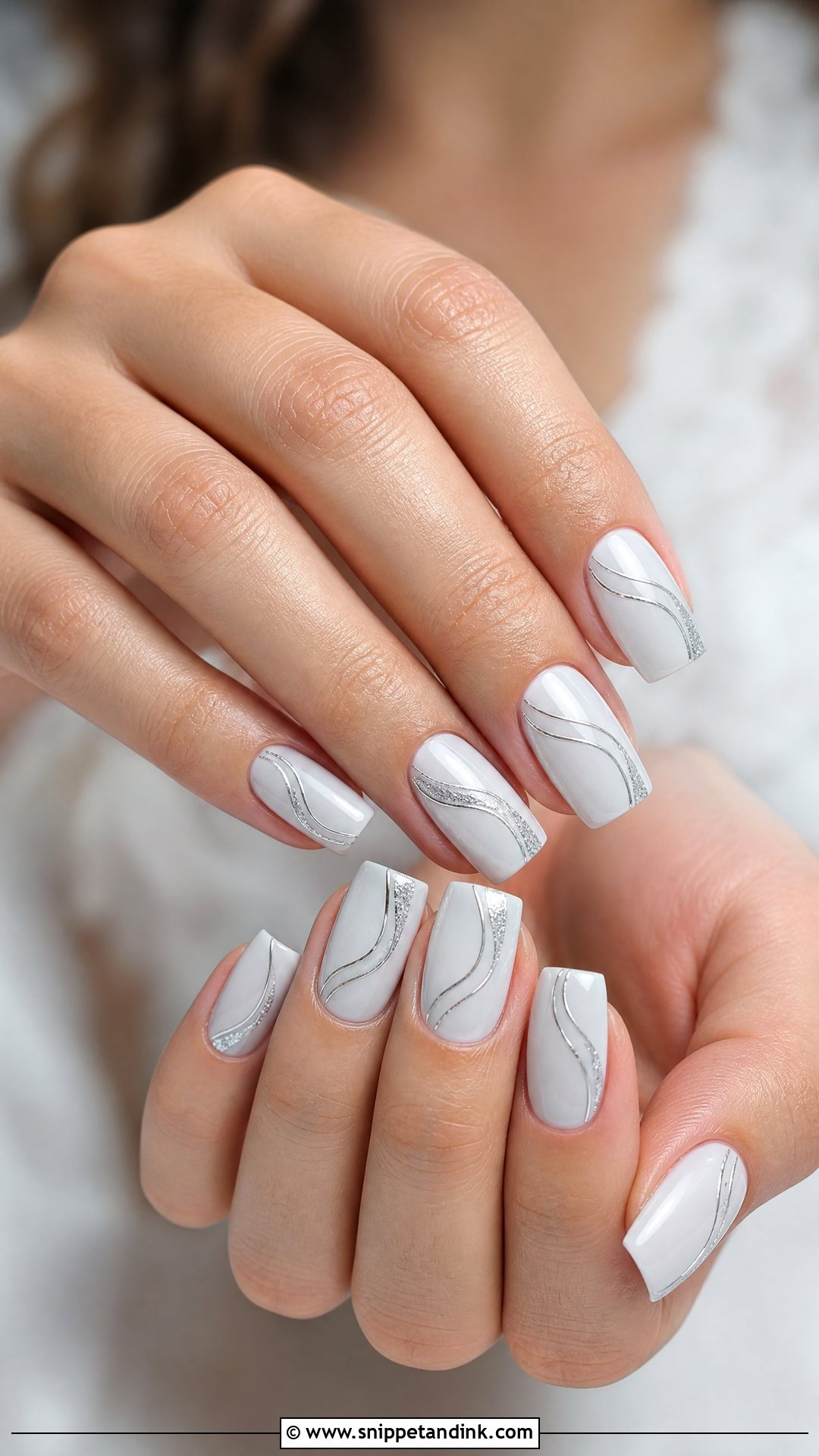 White Bridal Nails With Silver - Snippet and Ink - 25 White Bridal Nails