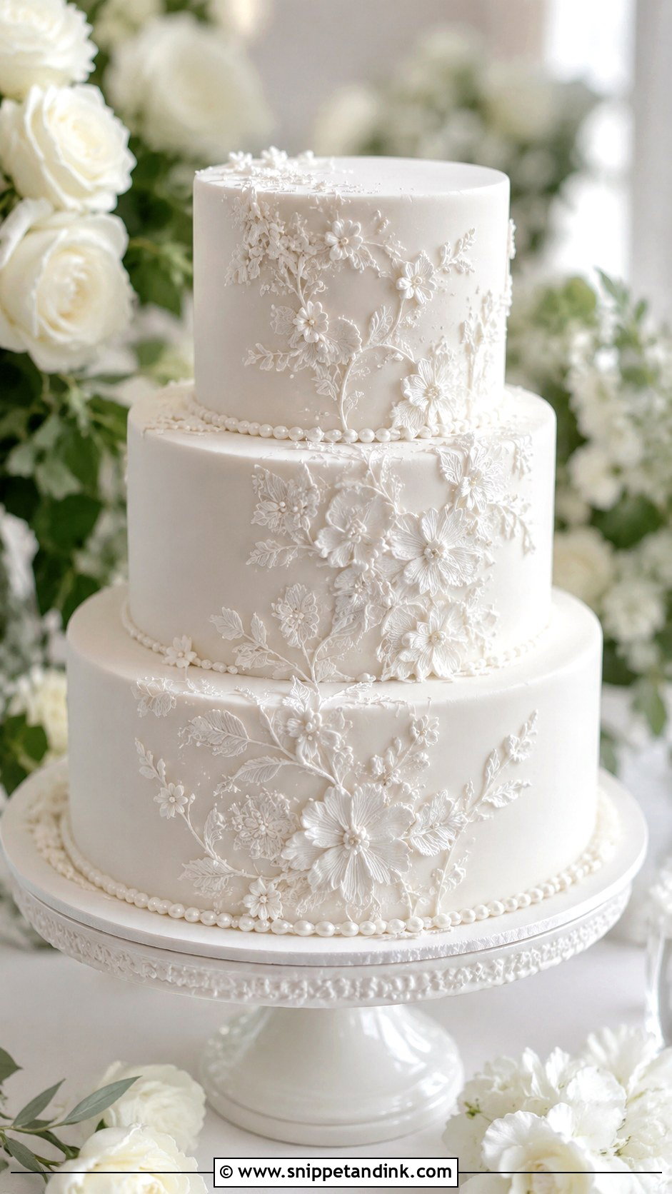 White Brush Embroidery Wedding Cake - Snippet and Ink - 20 Brush Embroidery Wedding Cake Ideas