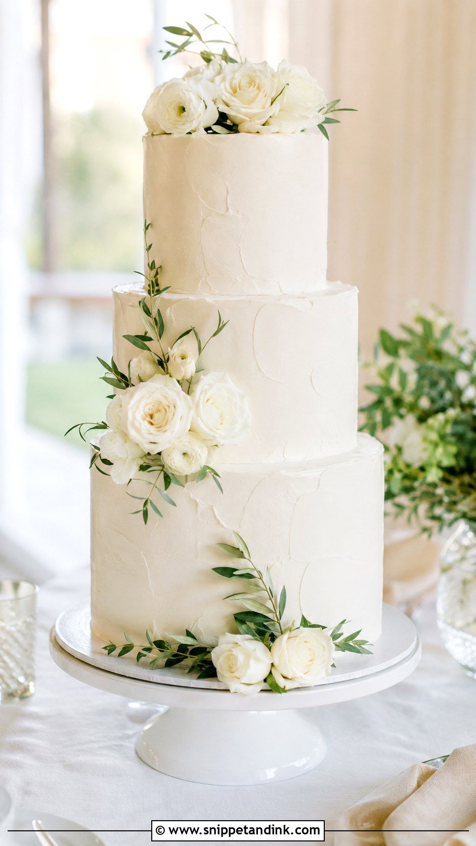 White Buttercream 3 Tier Wedding Cake - Snippet and Ink - 20 Elegant 3 Tier Wedding Cake Ideas