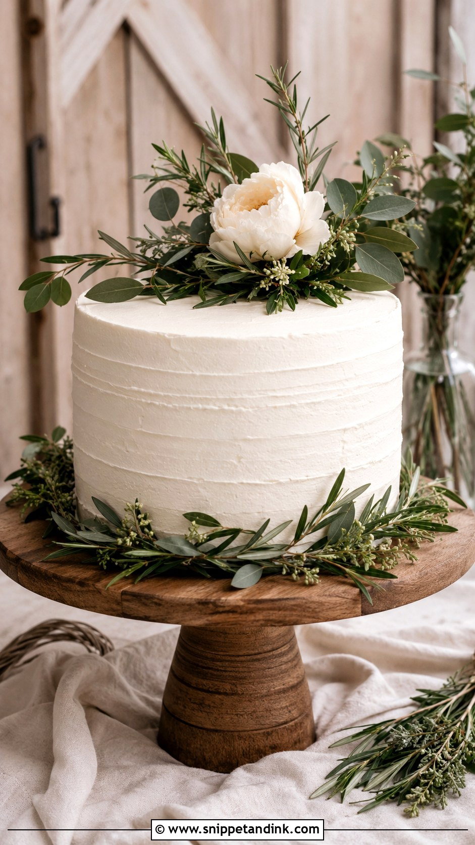 White Buttercream Single Tier Wedding Cake With Greenery - Snippet and Ink - 30 Rustic Fall Single Tier Wedding Cake Ideas