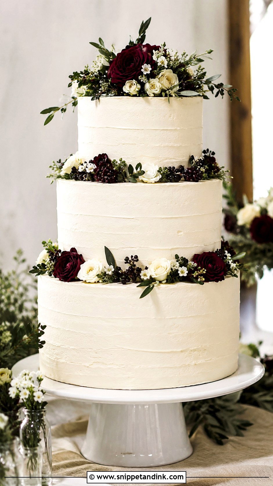 White Buttercream Wedding Cake With Burgundy Flowers - Snippet and Ink - 20 White Wedding Cake Ideas with Burgundy Flowers