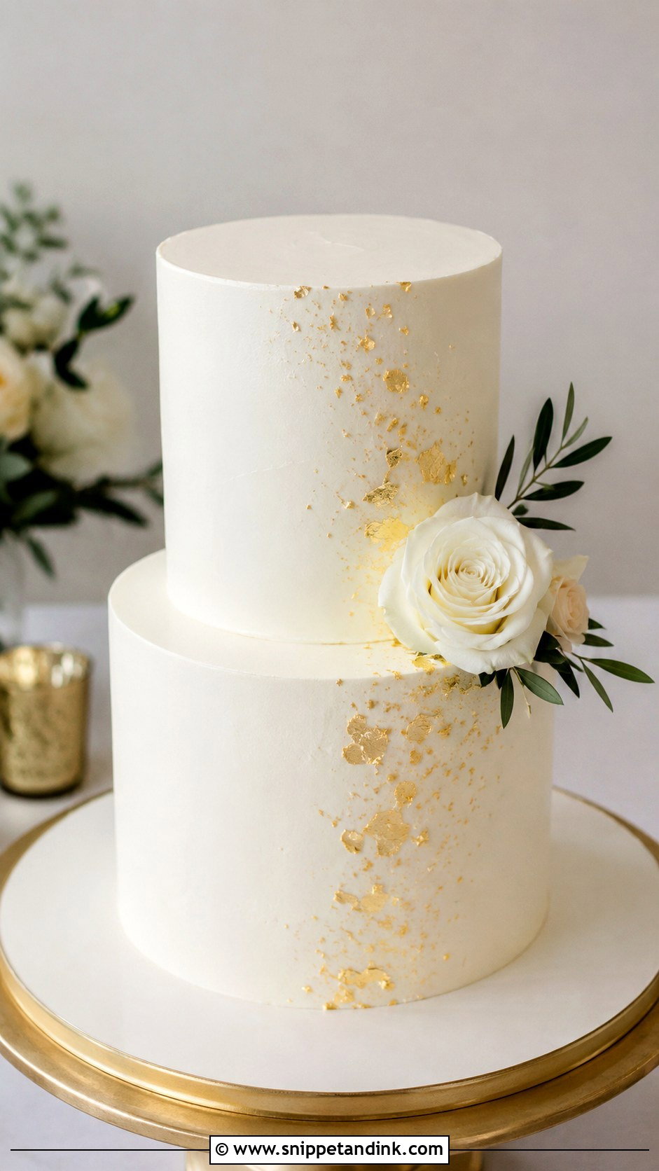 White Buttercream Wedding Cake With Gold Leaf - Snippet and Ink - 20 Simple Buttercream Wedding Cake Designs