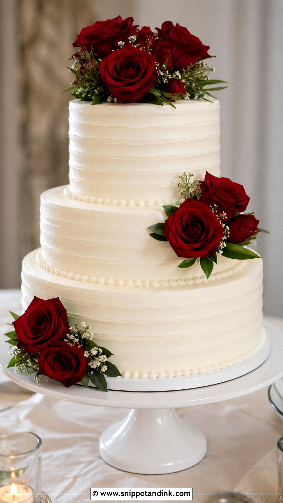 White Buttercream Wedding Cake With Red Roses - Snippet and Ink - 30 White Wedding Cake Ideas with Red Roses
