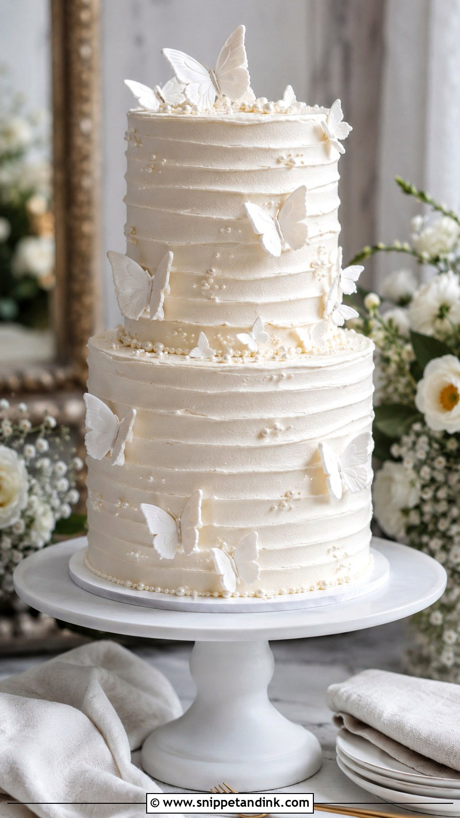 White Butterfly Wedding Cake With Buttercream Texture - Snippet and Ink - 20 White Cake Ideas with Butterflies for Wedding