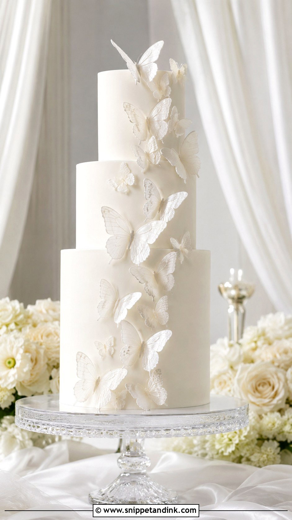 White Butterfly Wedding Cake With Cascading Butterflies - Snippet and Ink - 20 White Cake Ideas with Butterflies for Wedding