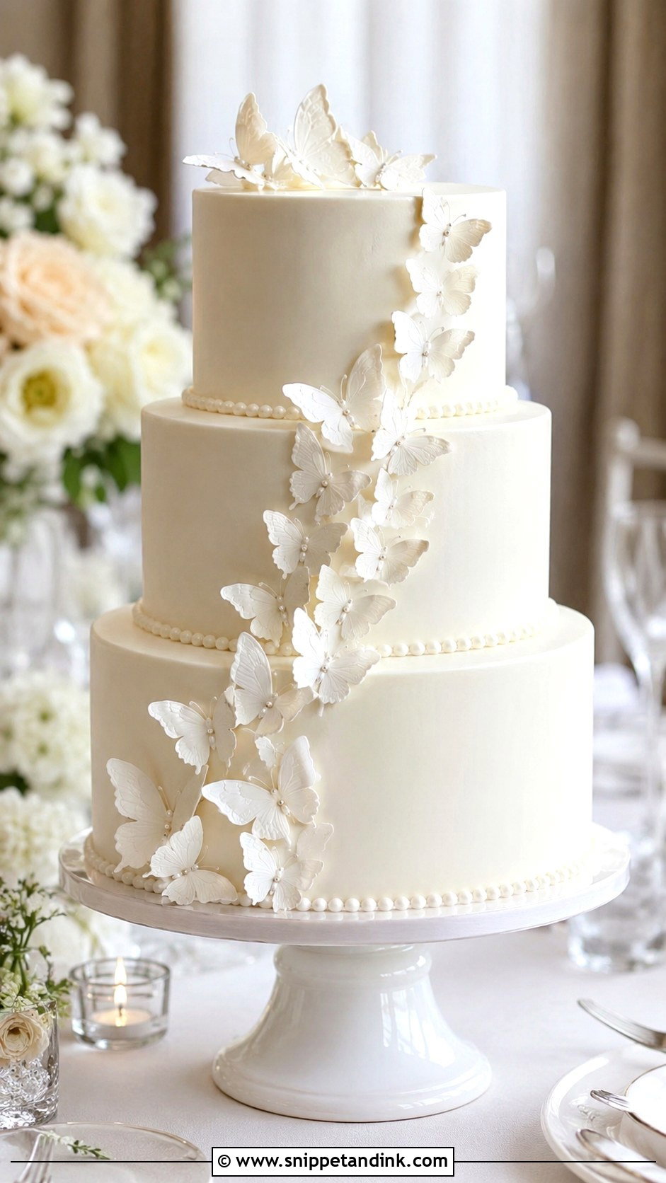 White Butterfly Wedding Cake With Floral Cascade - Snippet and Ink - 20 White Cake Ideas with Butterflies for Wedding