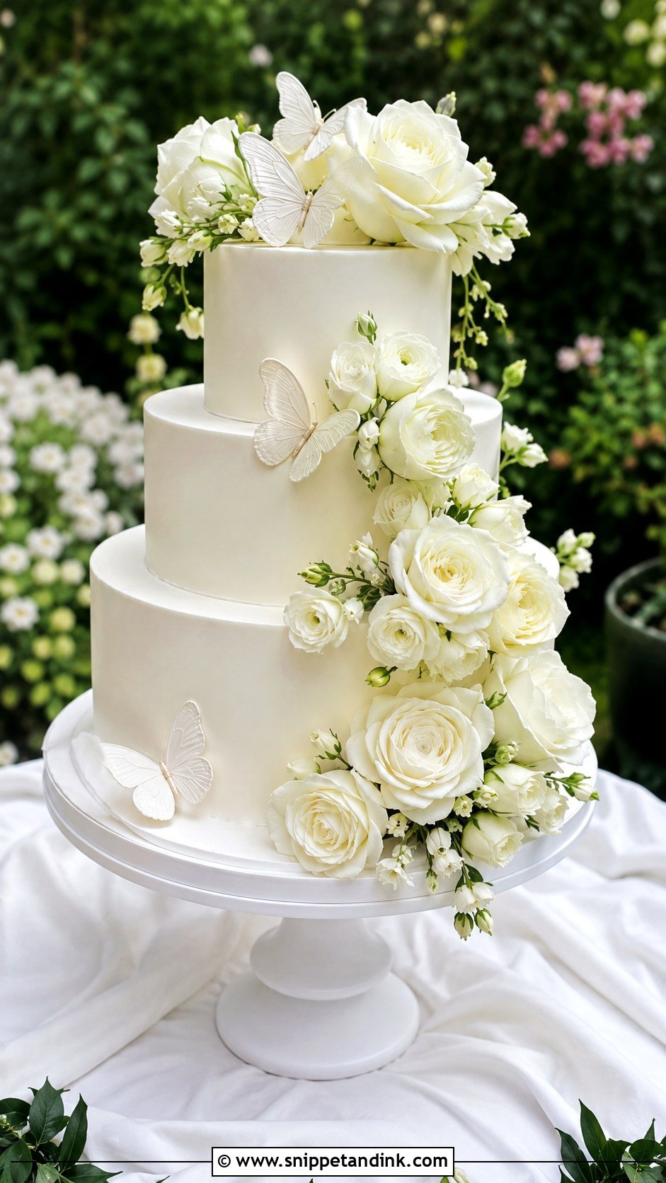 White Butterfly Wedding Cake With Fresh Flowers - Snippet and Ink - 20 White Cake Ideas with Butterflies for Wedding