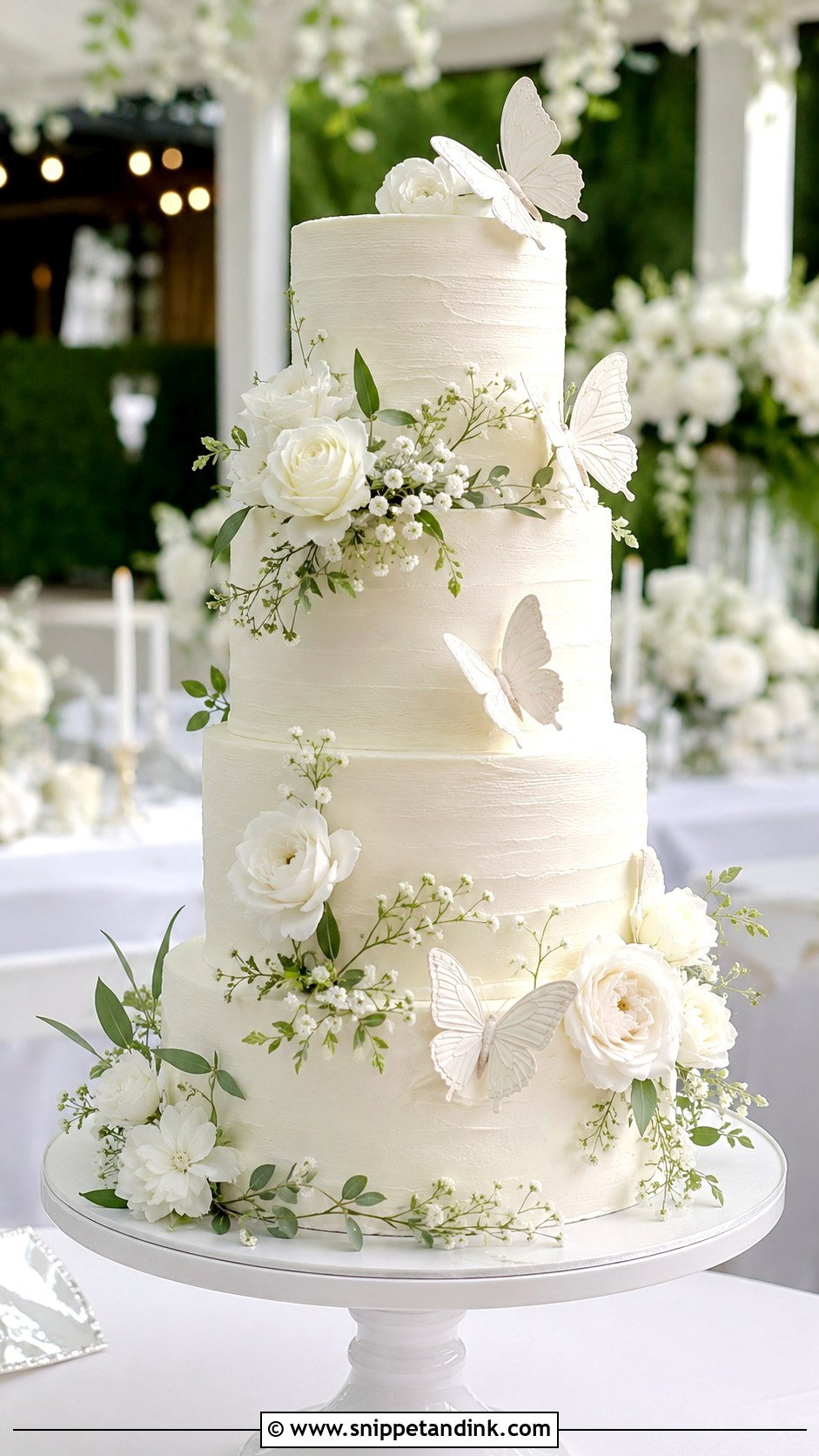 White Butterfly Wedding Cake With Garden Style - Snippet and Ink - 20 White Cake Ideas with Butterflies for Wedding