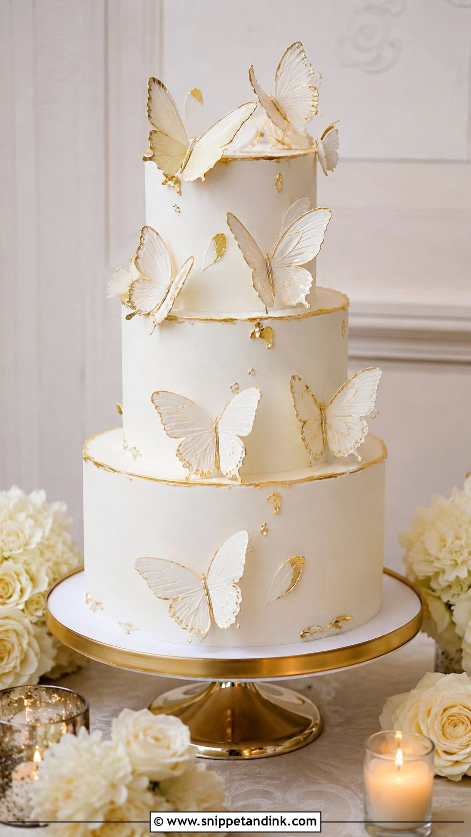 White Butterfly Wedding Cake With Gold Accents - Snippet and Ink - 20 White Cake Ideas with Butterflies for Wedding