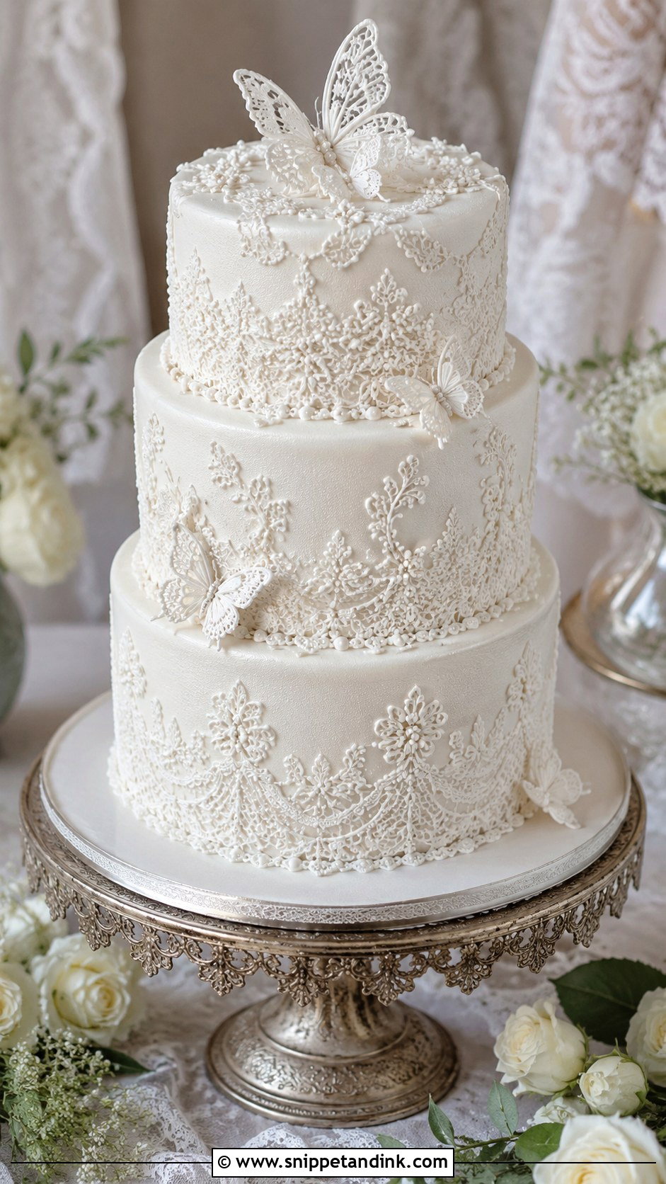 White Butterfly Wedding Cake With Lace Piping - Snippet and Ink - 20 White Cake Ideas with Butterflies for Wedding