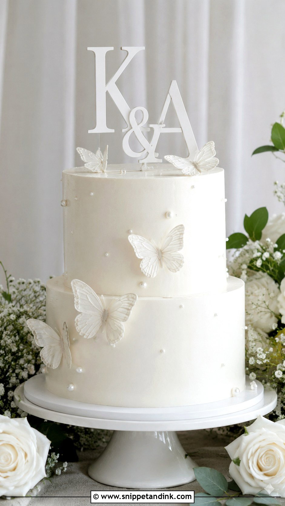 White Butterfly Wedding Cake With Monogram Topper - Snippet and Ink - 20 White Cake Ideas with Butterflies for Wedding