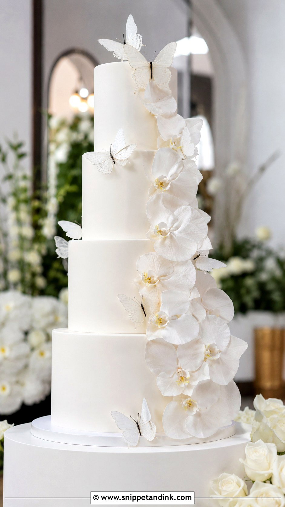White Butterfly Wedding Cake With Orchid Flowers - Snippet and Ink - 20 White Cake Ideas with Butterflies for Wedding