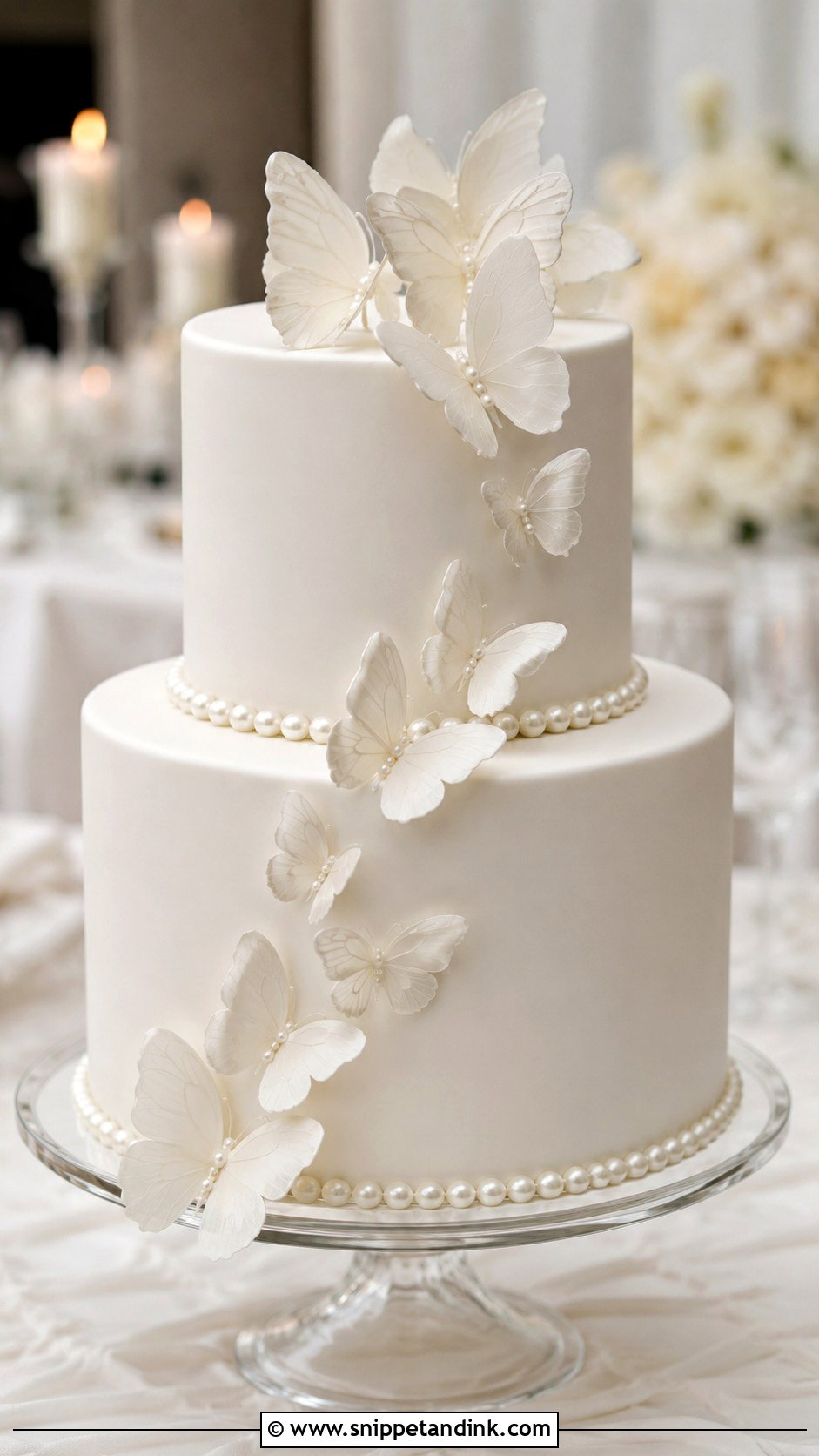 White Butterfly Wedding Cake With Pearl Details - Snippet and Ink - 20 White Cake Ideas with Butterflies for Wedding