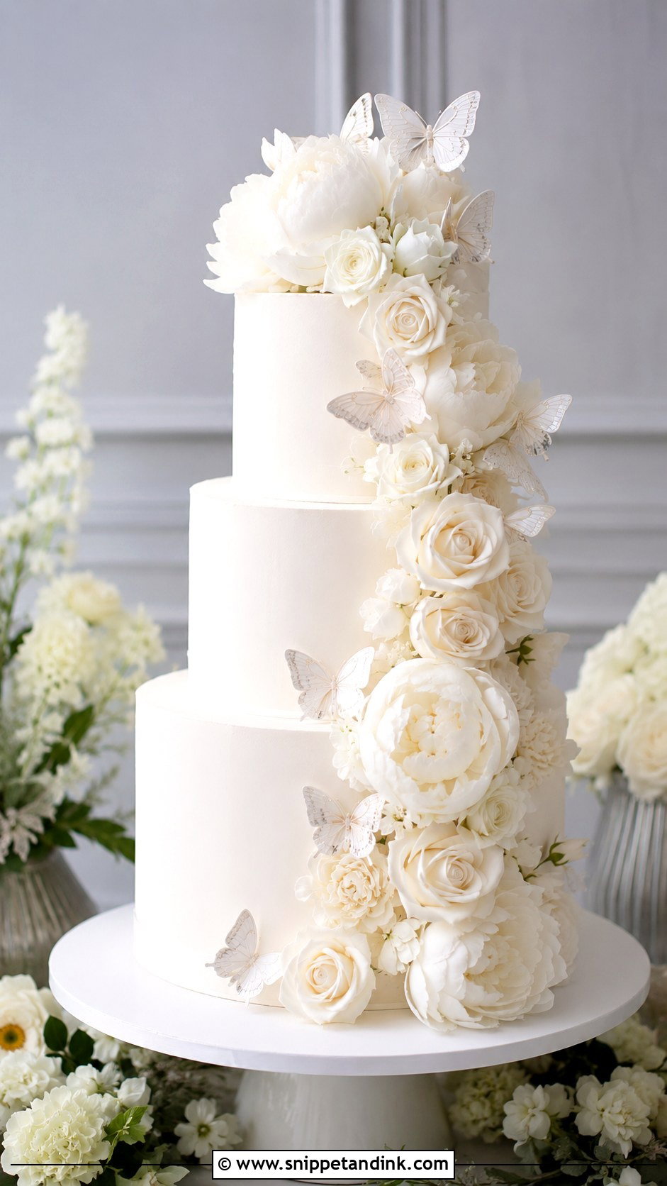 White Butterfly Wedding Cake With Round Tiers - Snippet and Ink - 20 White Cake Ideas with Butterflies for Wedding