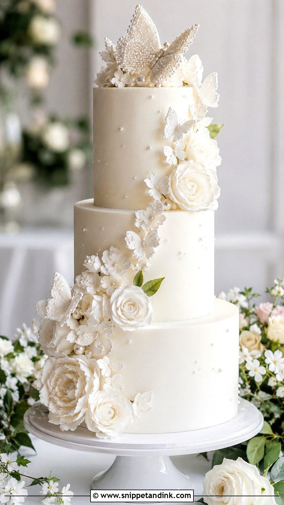 White Butterfly Wedding Cake With Ruffle Tiers - Snippet and Ink - 20 White Cake Ideas with Butterflies for Wedding