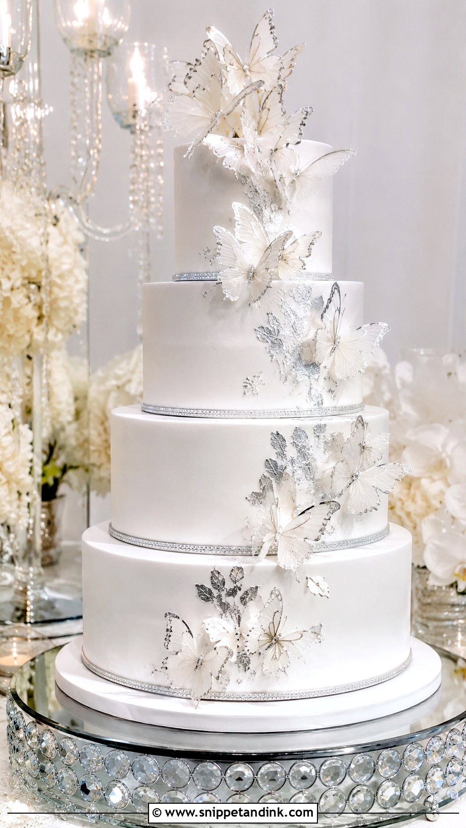 White Butterfly Wedding Cake With Silver Accents - Snippet and Ink - 20 White Cake Ideas with Butterflies for Wedding