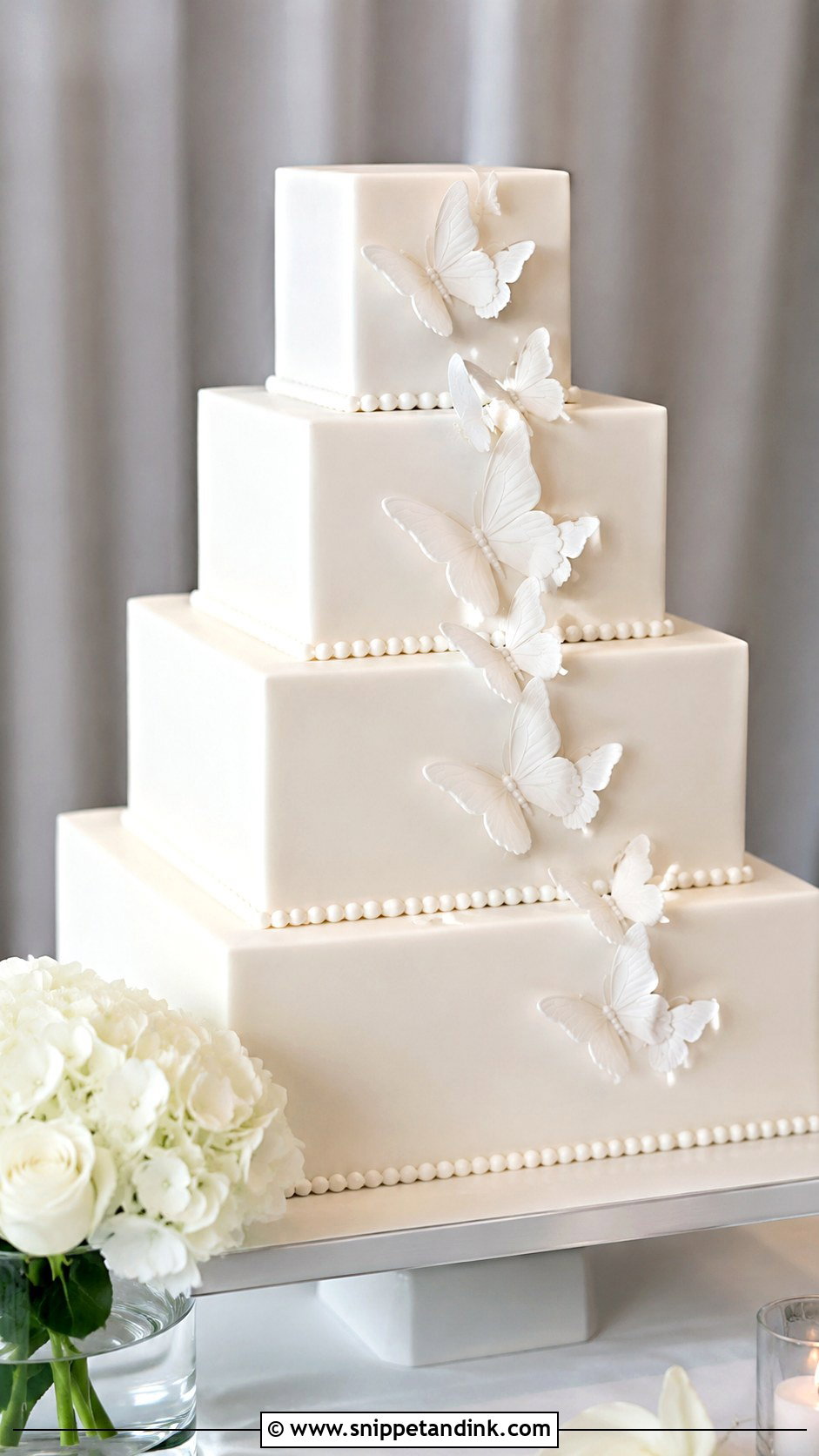 White Butterfly Wedding Cake With Square Tiers - Snippet and Ink - 20 White Cake Ideas with Butterflies for Wedding
