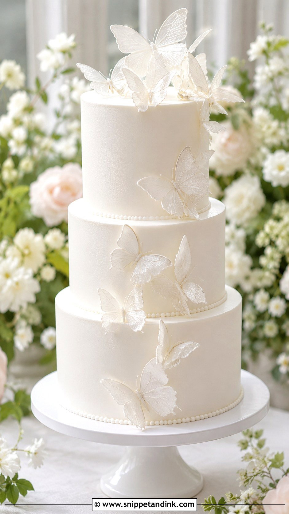 White Butterfly Wedding Cake With Sugar Flowers - Snippet and Ink - 20 White Cake Ideas with Butterflies for Wedding