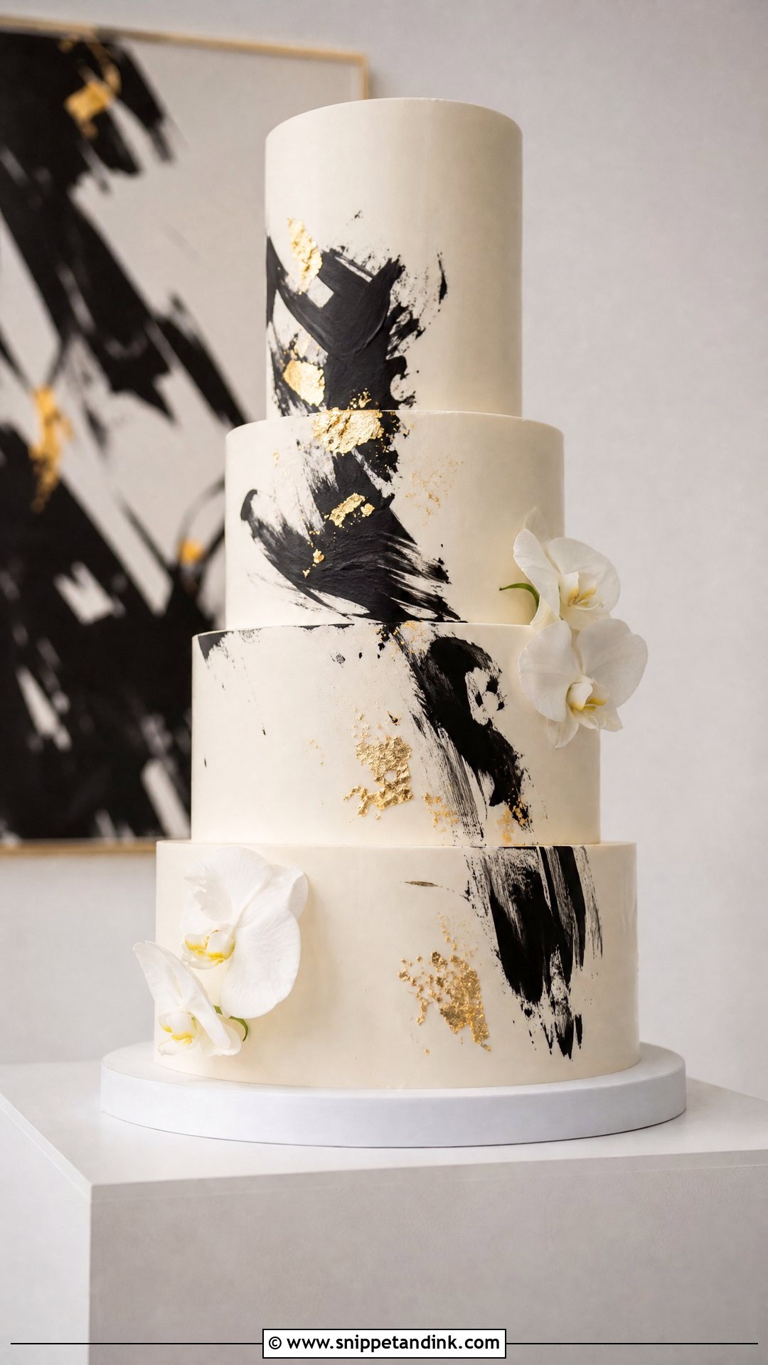 White Cake With Black Brushstrokes And Gold Leaf - Snippet and Ink - 20 White Gold and Black Cake Ideas for Wedding