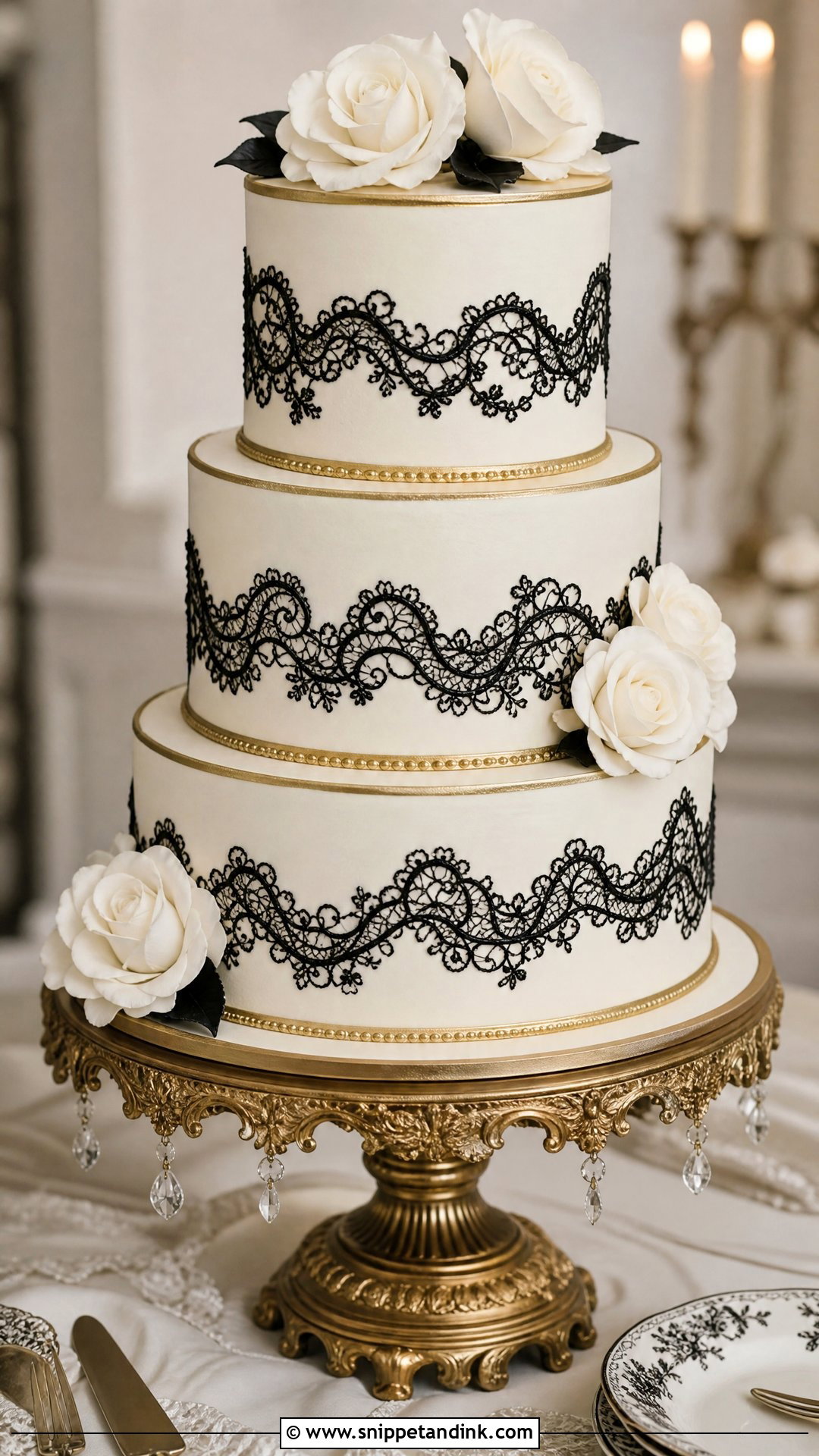 White Cake With Black Lace And Gold Trim - Snippet and Ink - 20 White Gold and Black Cake Ideas for Wedding