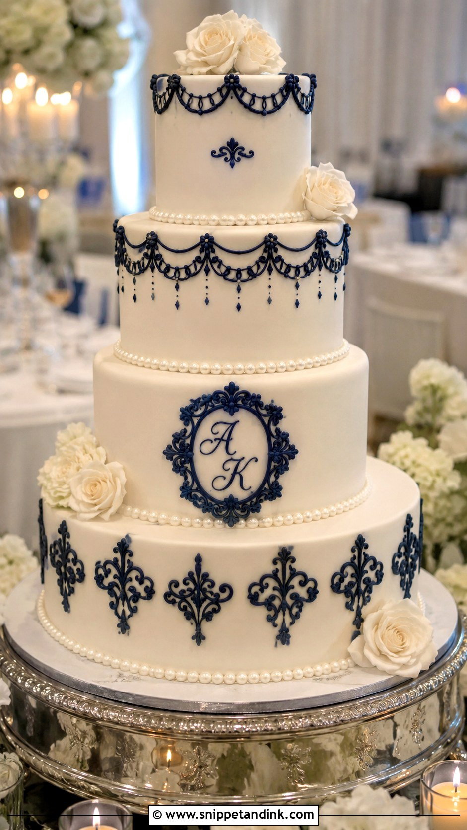 White Cake With Navy Blue Details - Snippet and Ink - 20 White and Blue Vintage Cake Ideas for Wedding