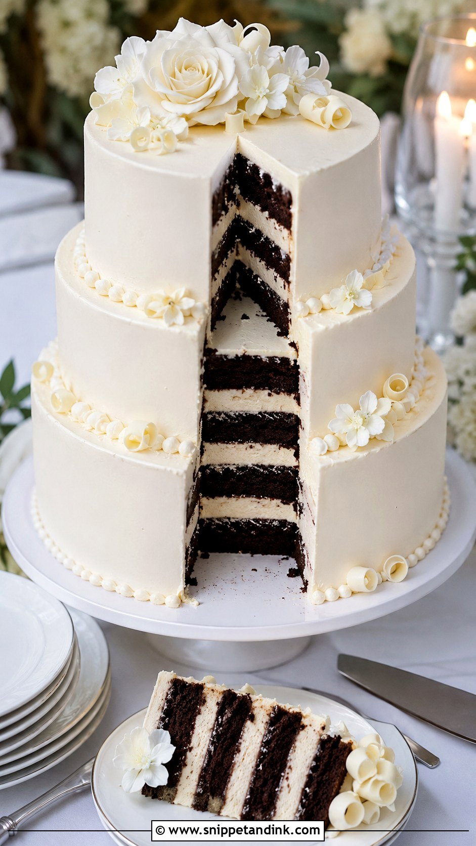 White Chocolate Wedding Cake With Chocolate Layers - Snippet and Ink - 25 Chocolate and White Wedding Cake Ideas