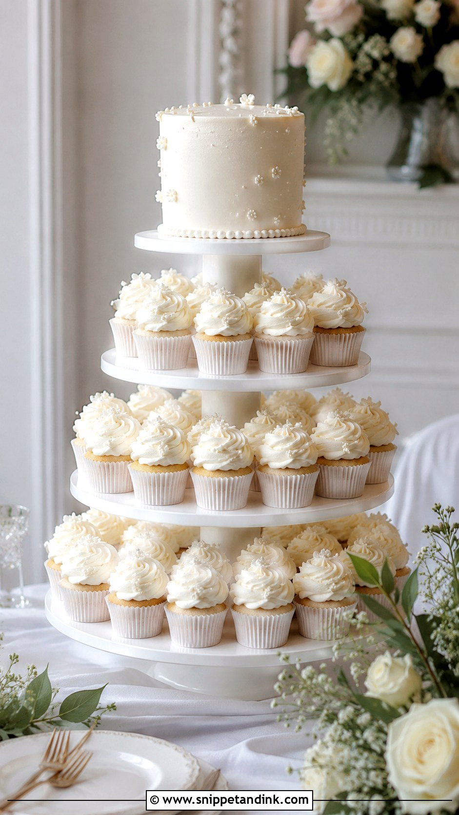 White Cupcake Wedding Cake Tower - Snippet and Ink - 25 Elegant Cupcake Wedding Cake Ideas