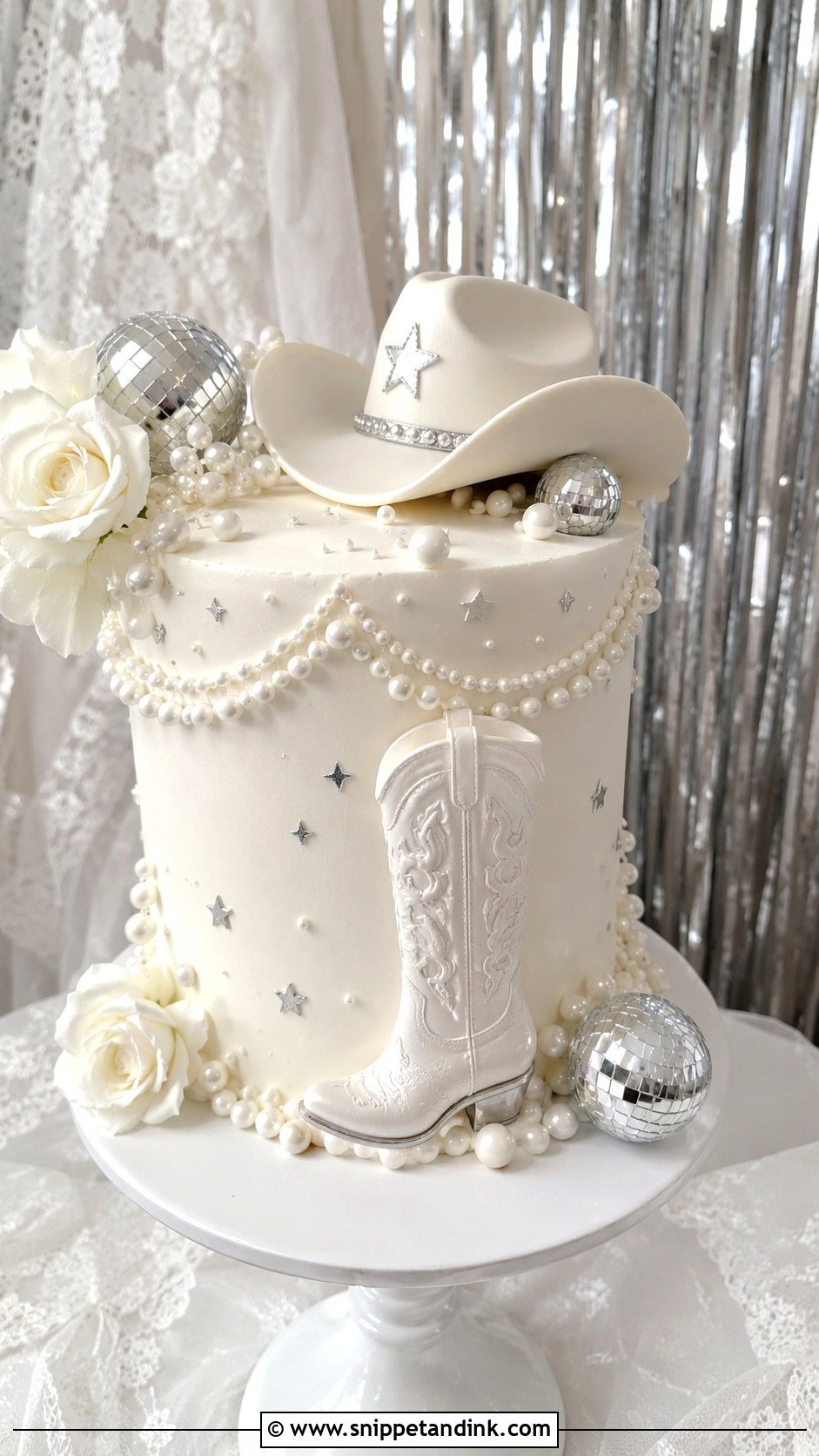 White Disco Cowgirl Cake - Snippet and Ink - 25 Disco Cowgirl Bachelorette Cake Ideas for Wedding